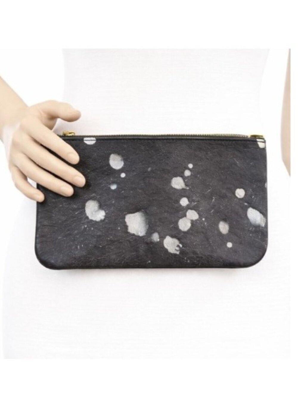 Satchel Savannah Leather Clutch Charcoal Silver Splatter NWOT